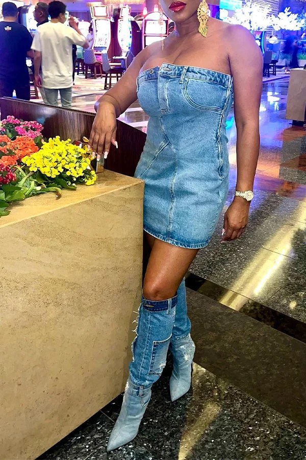 Sexy Irregular Stitching Slim Bandeau Denim Mini Dress