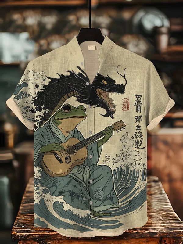 Men's Japanese Art Great Wave Frog Plays Guitar Dragon Print Short Sleeve Shirt