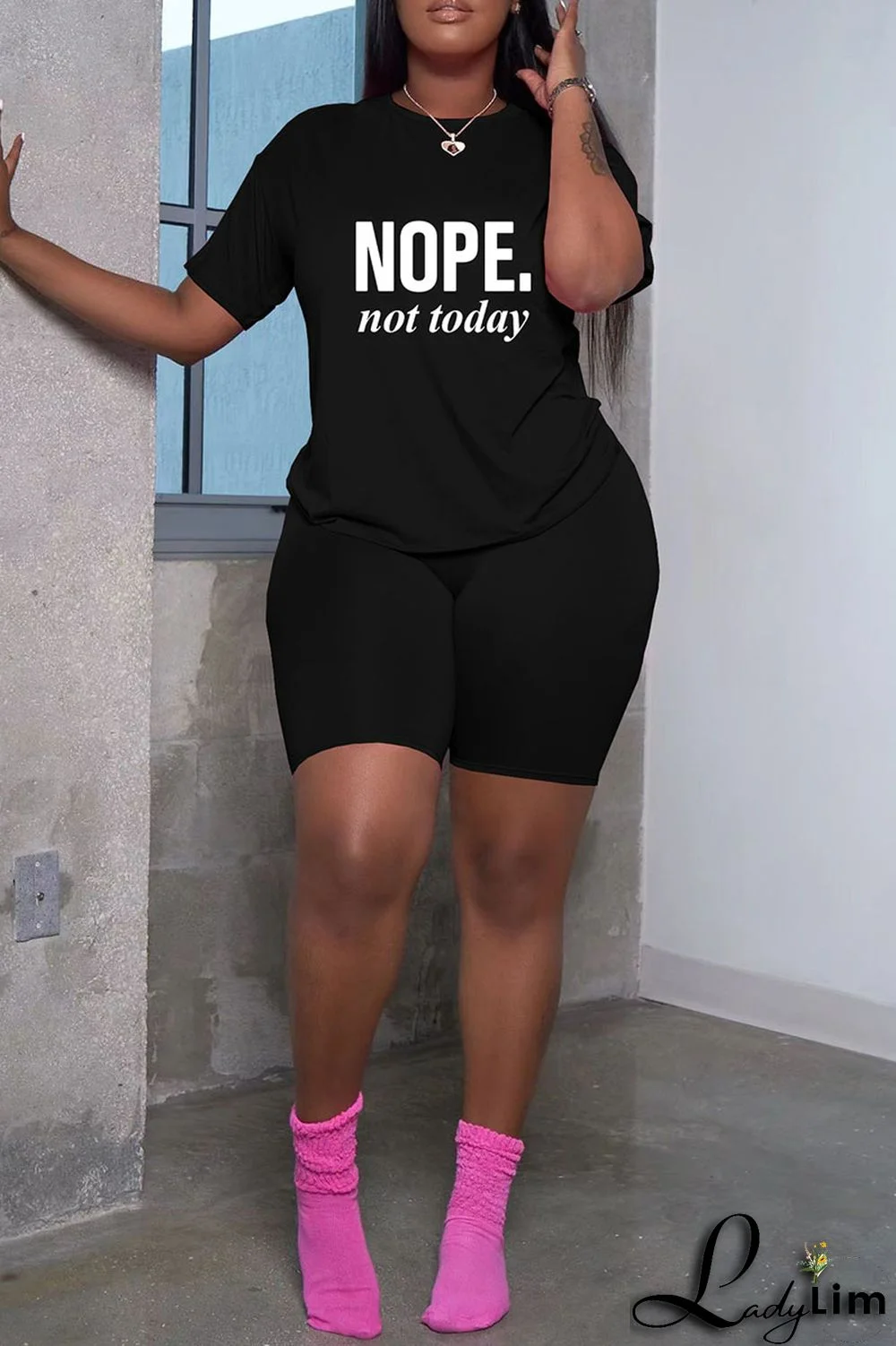 Grey Fashion Casual Letter Print Basic O Neck Short Sleeve Two Pieces