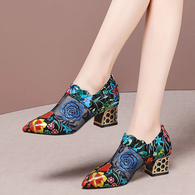 Square Mid Heels Woman,Spring/Fall Mesh Women's Shoes,Pointed toe,Embroidery Flower,Ethnic Hand Made,Female Footware,RED,BLUE