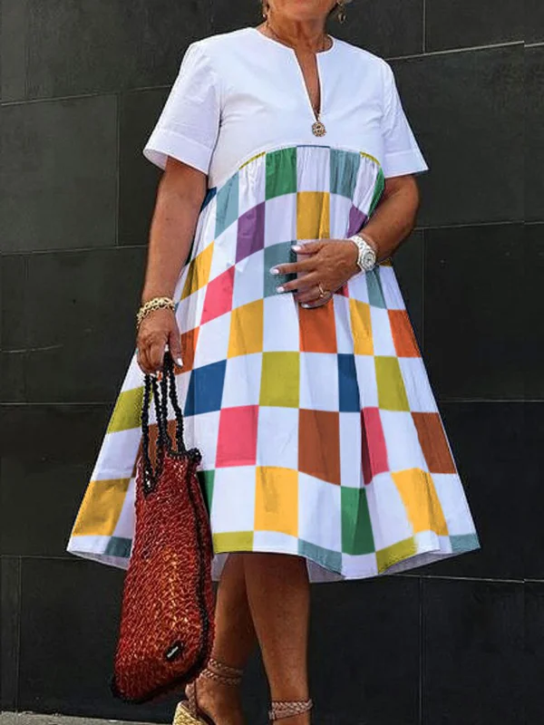 Rainbow Plaid Printed Short Sleeves Loose V-neck Midi Dresses