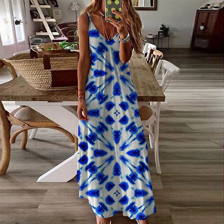 Vintage Ethnic Tie-Dye Pattern Flowy Cami Maxi Dress