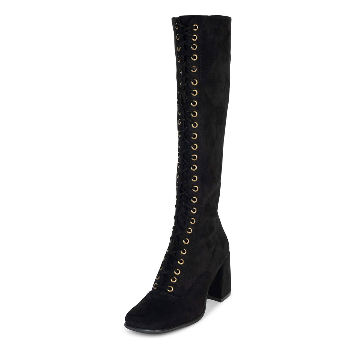 Black Lace Up Square Toe Chunky Heel Knee High Boots for Women Nicepairs