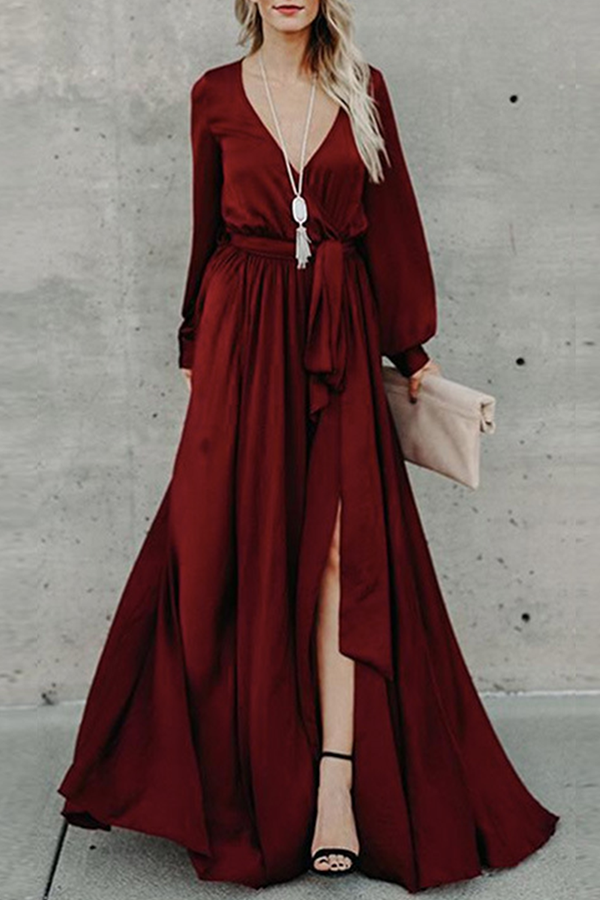 Fashion Elegant Solid Slit Strap Design V Neck Evening Dress Dresses