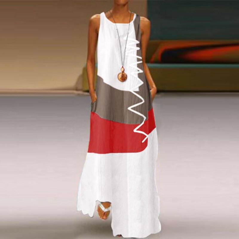 Plus Size Maxi long Dress Sleeveless Color Block Print Dress