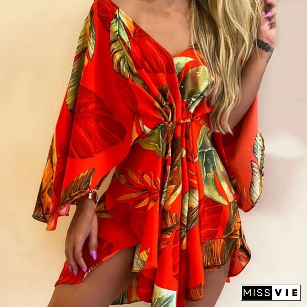 V-Neck Leaf Print Party Women Elegant Lace-Up Waist Casual Irregular Beach dress sexy