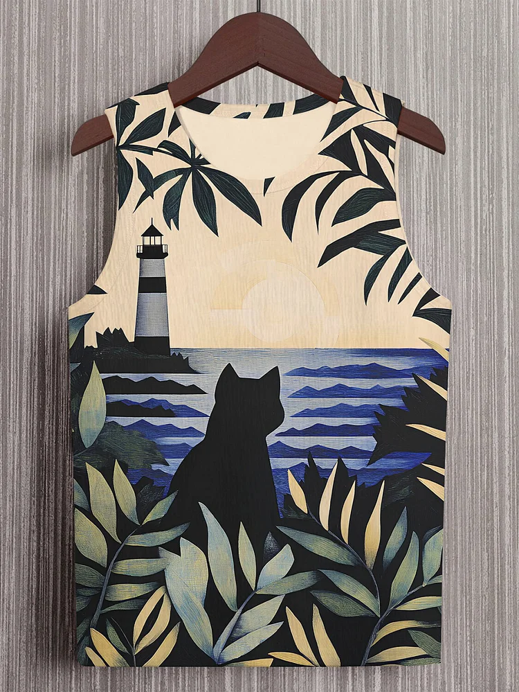 Men's Cat Lighthouse Ocean Print Tank Top