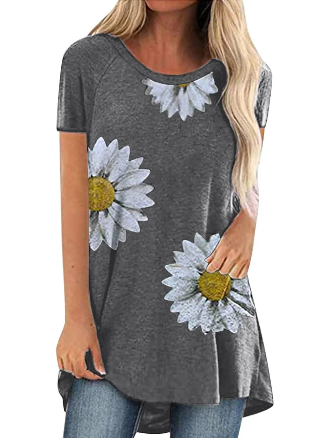 Women Casual Short Sleeve Scoop Neck Floral Printed Tops