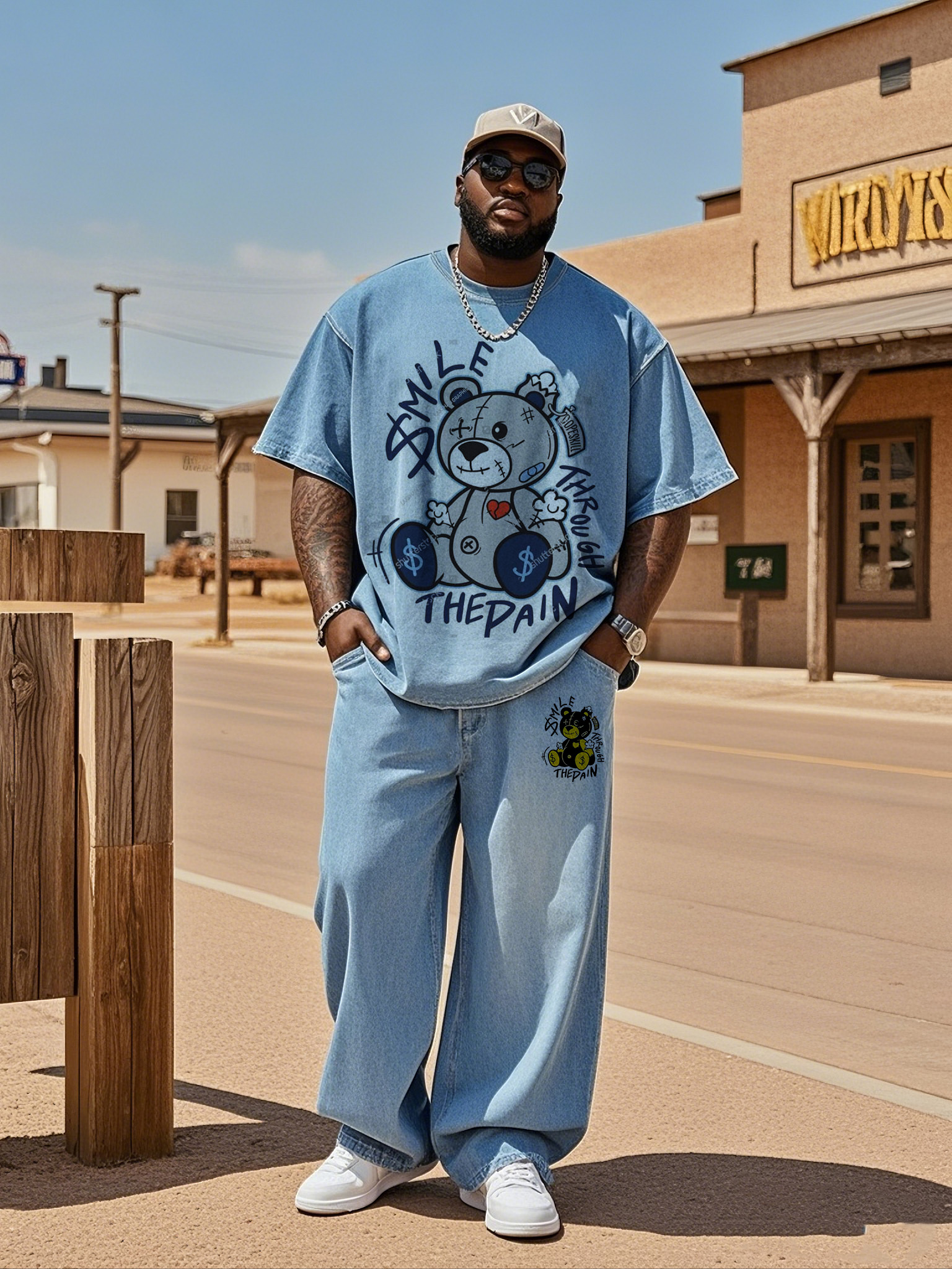 Plus Size Men Street Fashion Bear Denim T-shirt Pants Suit