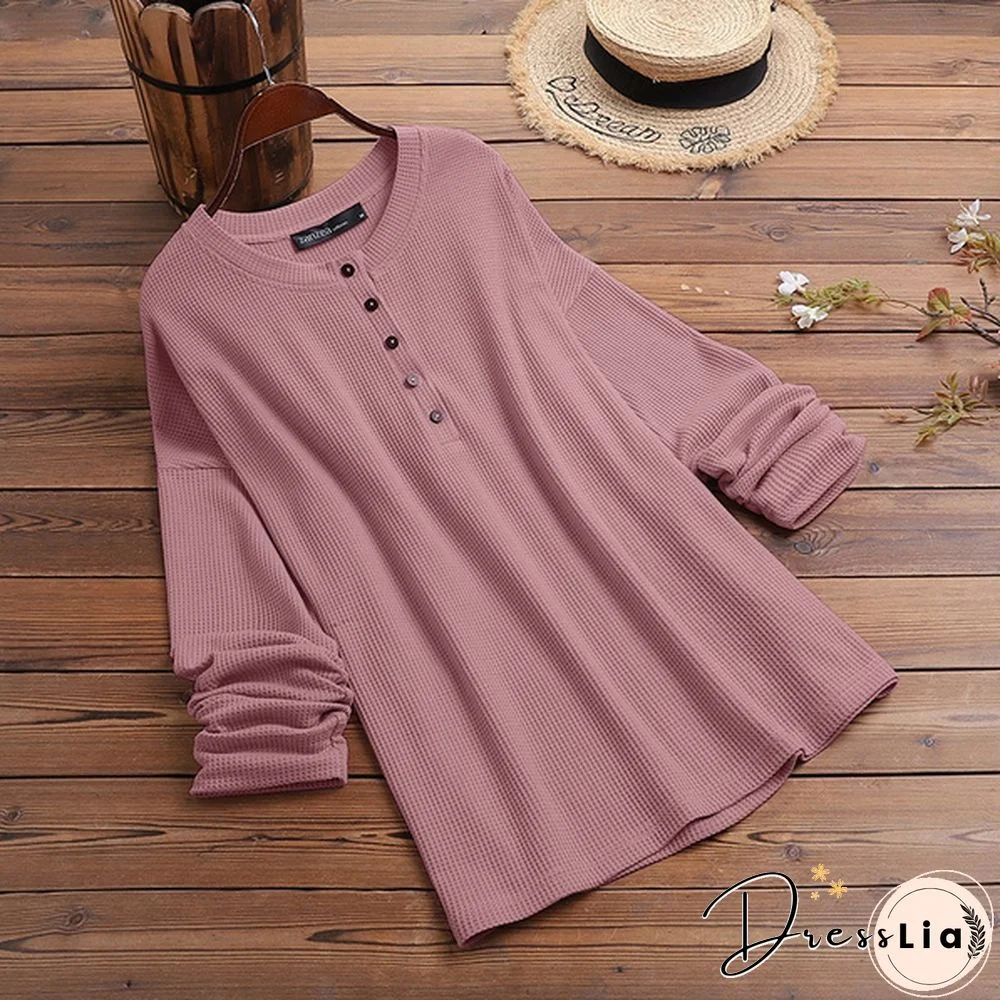 ZANZEA Women Long Sleeve Henley Waffle Top Spring Autumn Casual Slim Blouse