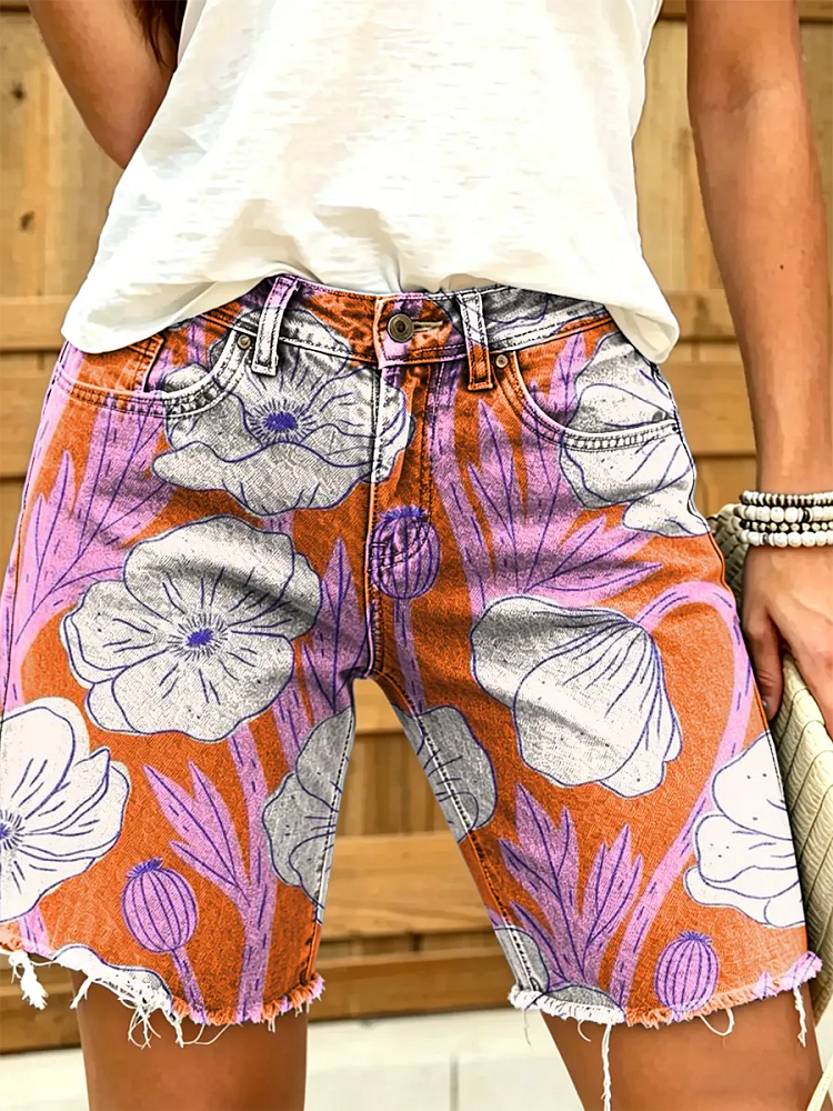 Women's Floral Art Print Frayed-Hem Denim Bermuda Shorts