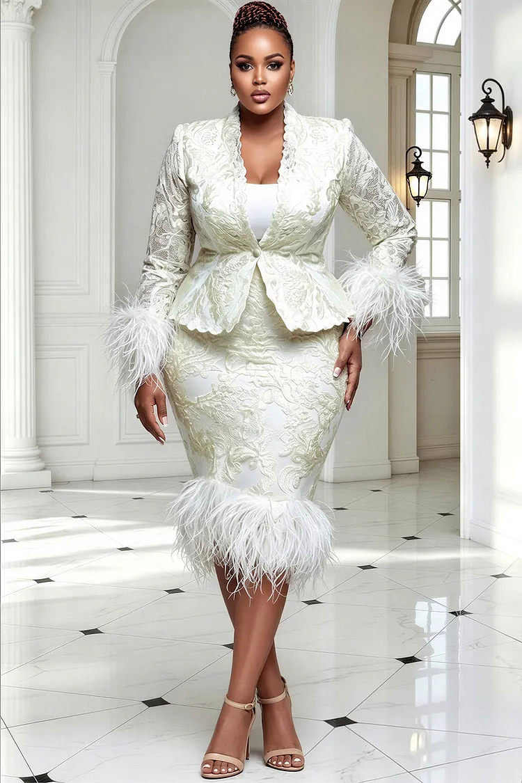 Xpluswear Design Plus Size Formal Sage Green V Neck Long Sleeve Feather Jacquard Two Piece Skirt Sets [Pre-Order] 2024 - Xpluswear