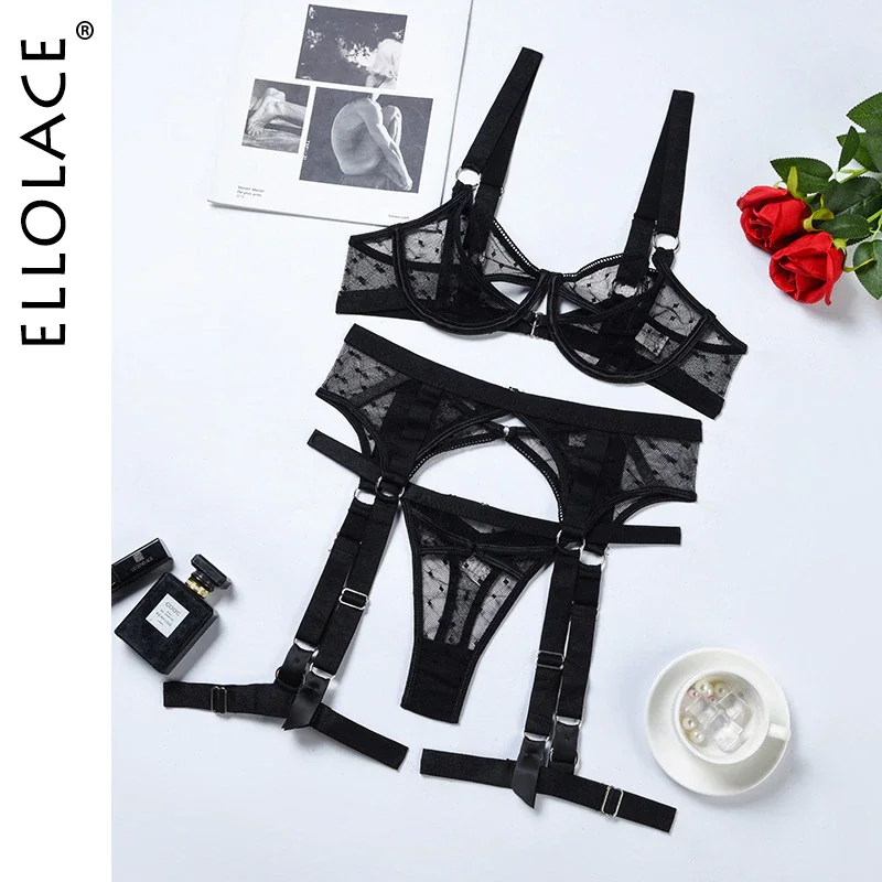 Billionm Lingerie With Stockings Transparent Underwear Luxury Sexy Cut Out Bra Fancy Lace Hot Intimate Set Seethrough 3-Pieces