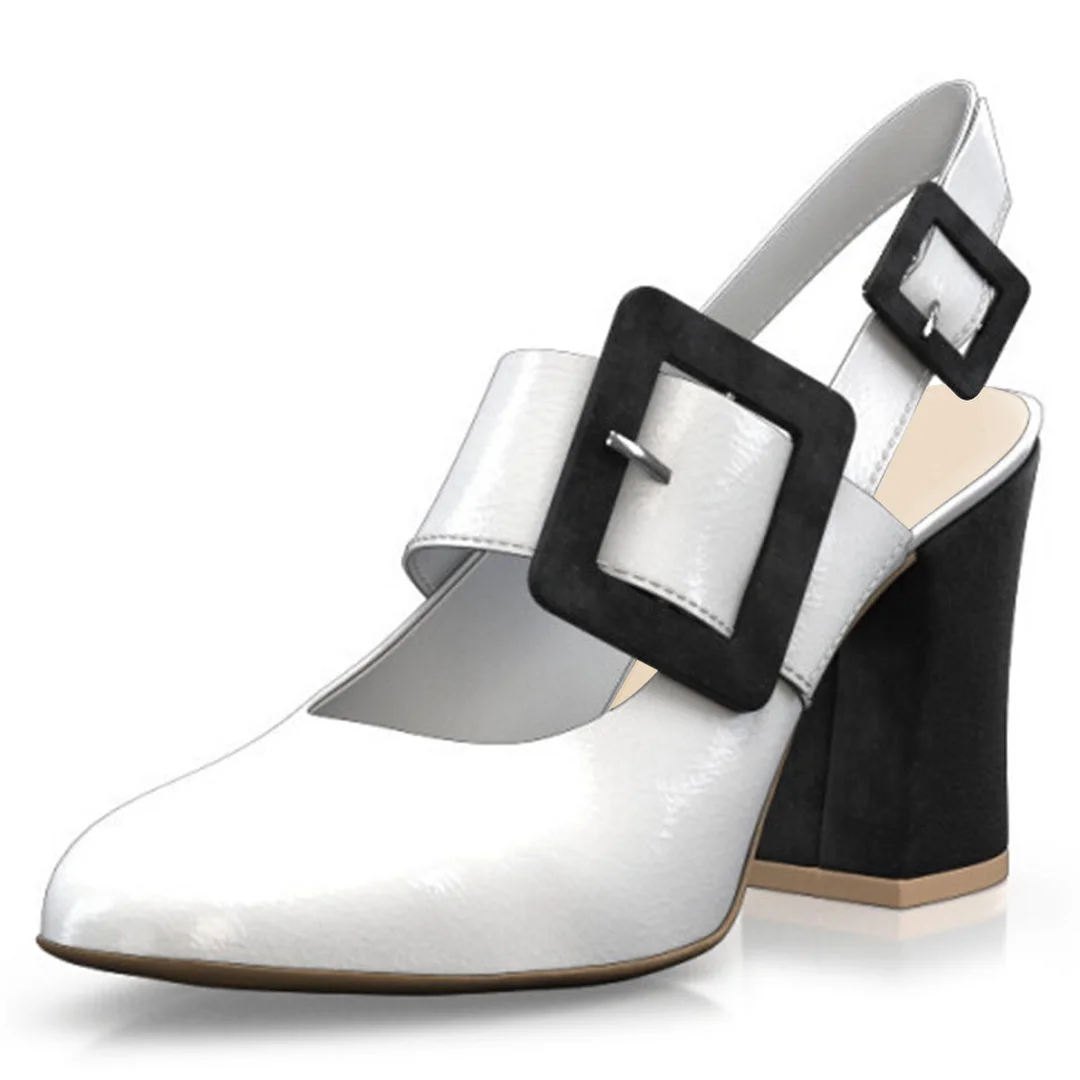 White & Black Round Toe Chunky Heel Patchwork Buckle Slingback Shoes