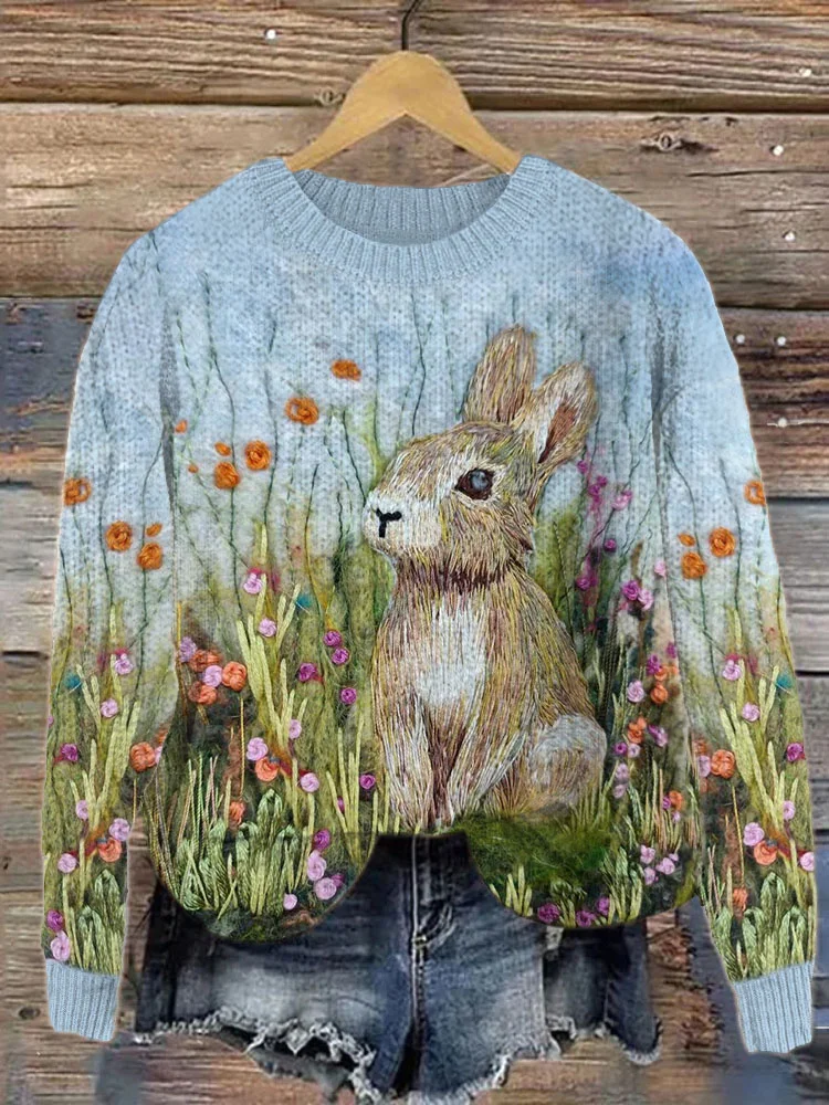 VChics Bunny & Wildflower Felt Art Cozy Knit Sweater