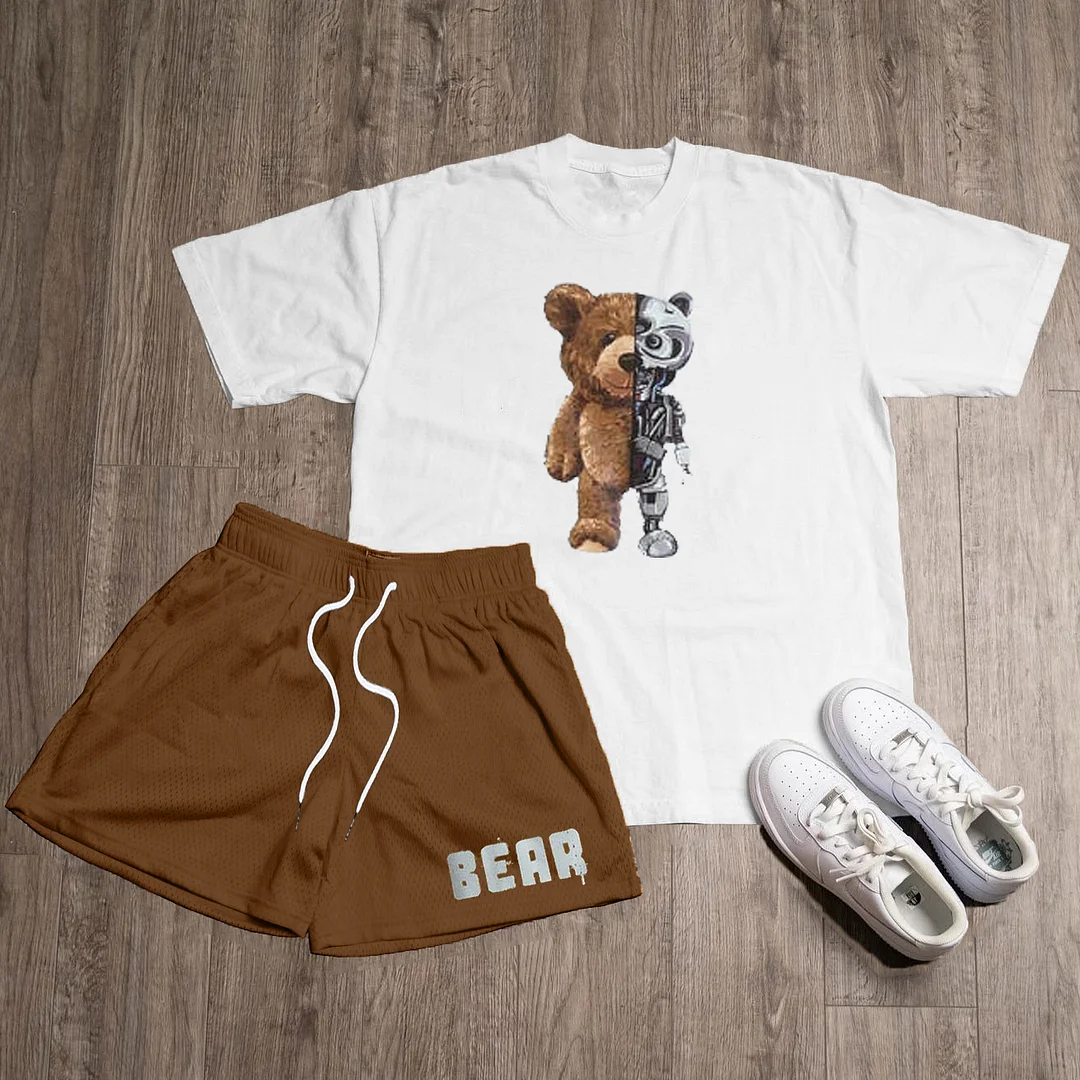 Casual Bear Print T-Shirt Shorts Two-Piece Set