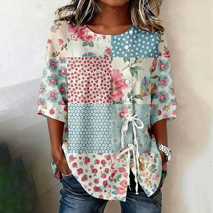 Women's Retro Floral Button Lace Up Tie Shirt
