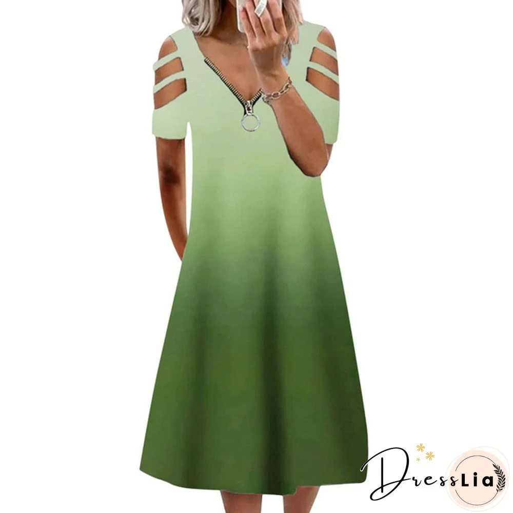 Xs-5Xl Summer New Casual Short-Sleeved Zipper V-Neck Dress Women's Loose Plus Size Dress Fashion Long Skirt