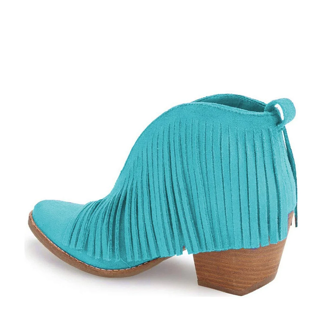 Turquoise Faux Suede Round Toe Fringe Ankle Boots with Block Heel