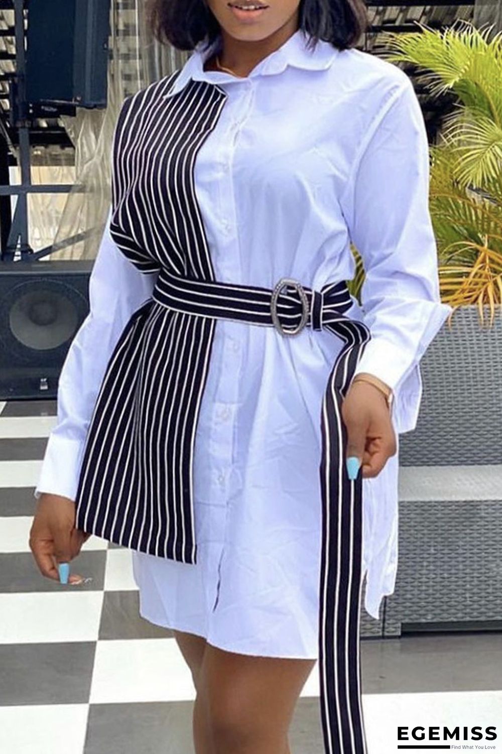 White Fashion Casual Striped Patchwork With Belt Turndown Collar Shirt Dress | EGEMISS