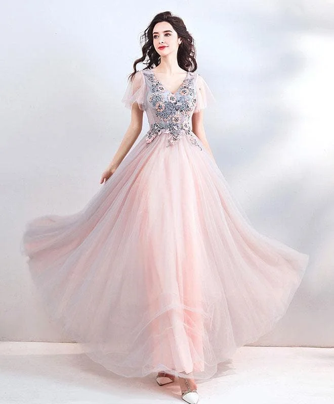 Pink V Neck Tulle Lace Long Prom Dress, Pink Tulle Evening Dress