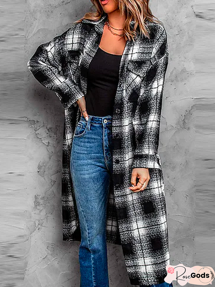 Women Plaid Autumn Elegant Natural Woolen Cloth Mid-Long H-Line Regular Shirt Collar Other Coat