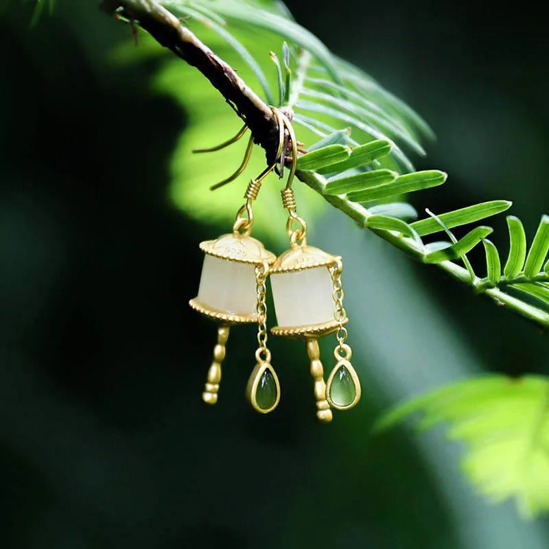 925 Sterling Silver Jade Prayer Wheel Luck Drop Earrings