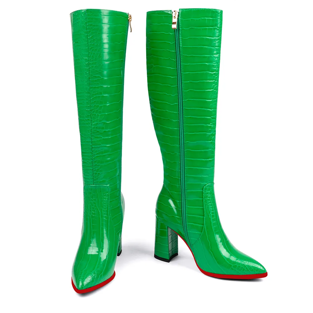 95mm/3.75 inches Fashionable zipper crocodile pattern high heels knee-high boots thick heel pointed toe red bottom boots-vocosishoes