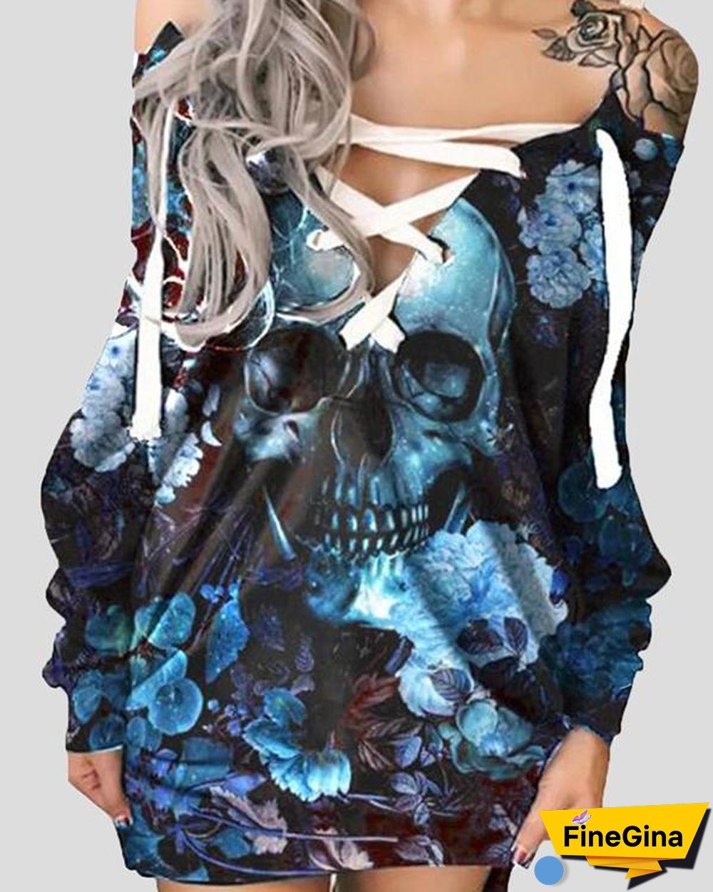 Halloween Off-The-Shoulder Printed Skull Casual Dress