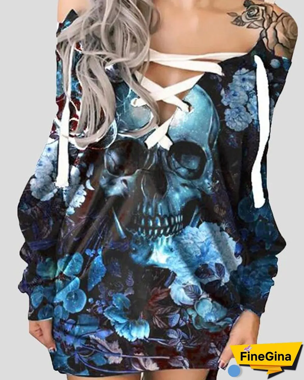 Halloween Off-The-Shoulder Printed Skull Casual Dress