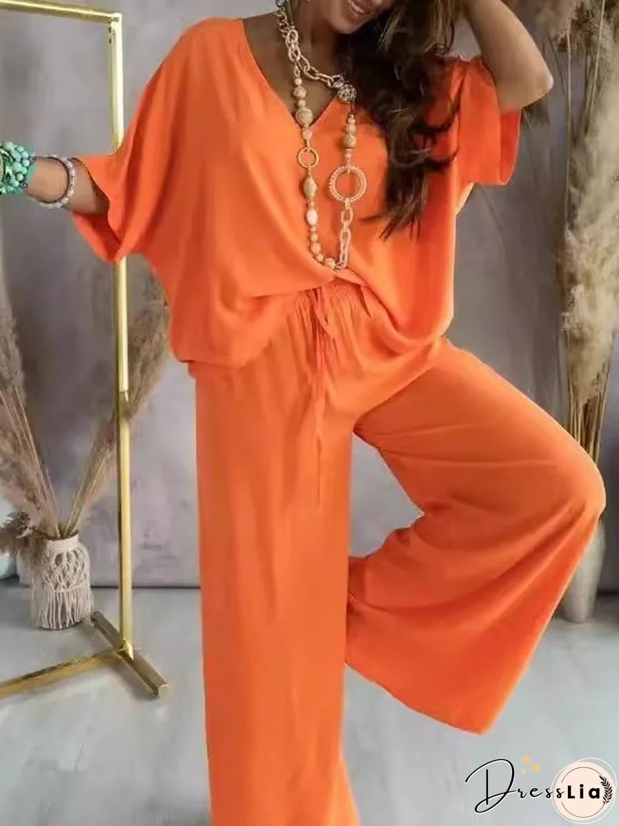 V-Neck Bat Sleeve T-Shirt Wide-Leg Pants Set