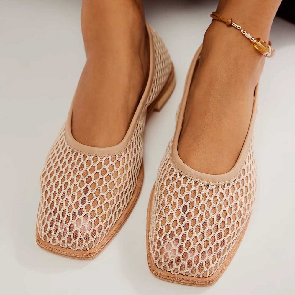 Simple Beige Mesh Square Toe Slip-On Flat Shoes for Women Nicepairs