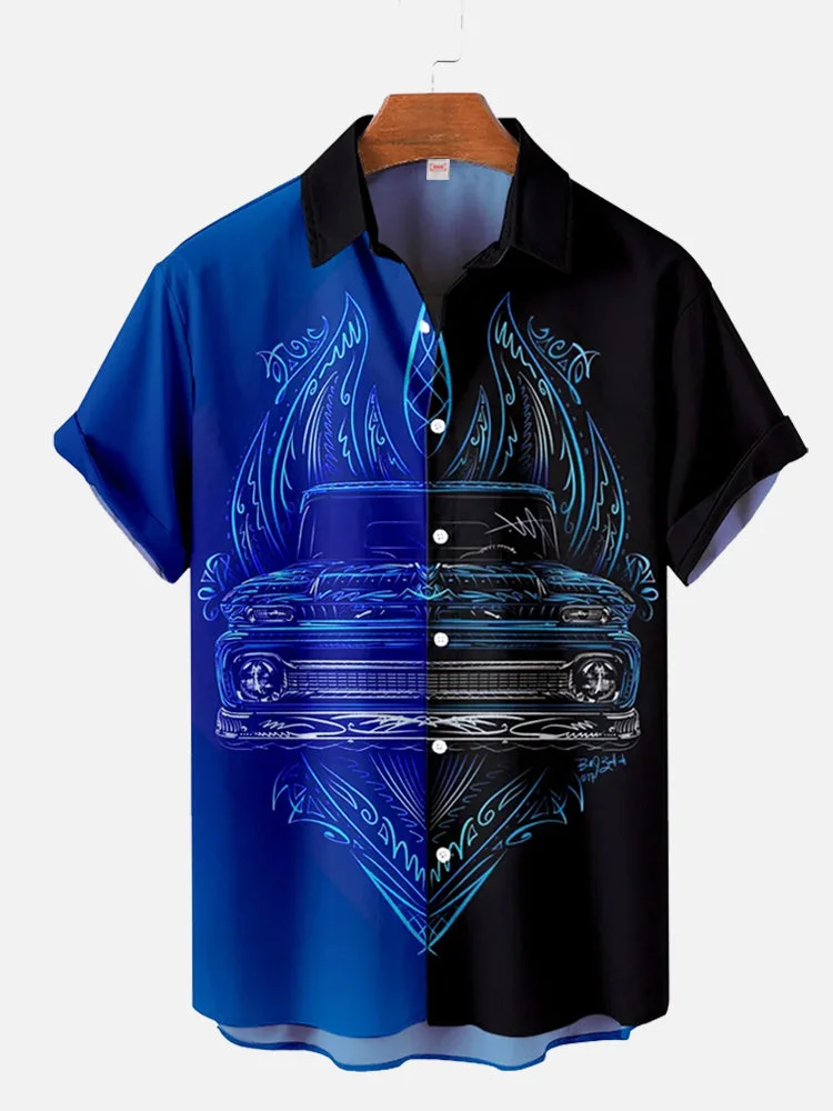Black And Blue Stitching Vintage Car Silhouette Pattern Art Printing Short Sleeve Shirt