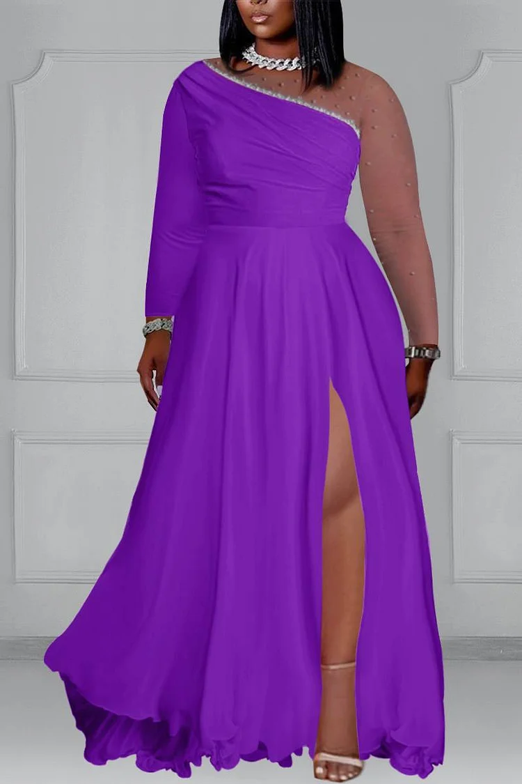 Xpluswear Plus Size Purple Prom Long Sleeve High Slit Satin Maxi Dress 