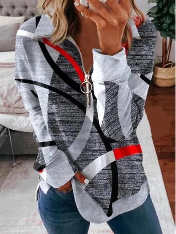Women Long Sleeve V-neck Zipper Shirt Collar Polo Tops