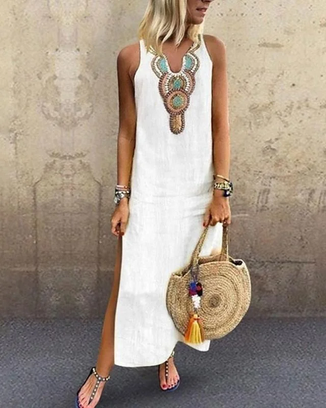 Women's Blazer Dresses Maxi long Dress - Sleeveless Tribal Split Print Summer V Neck Plus Size Hot Casual Boho Holiday Beach White Yellow Wine Green Gray S M L XL XXL