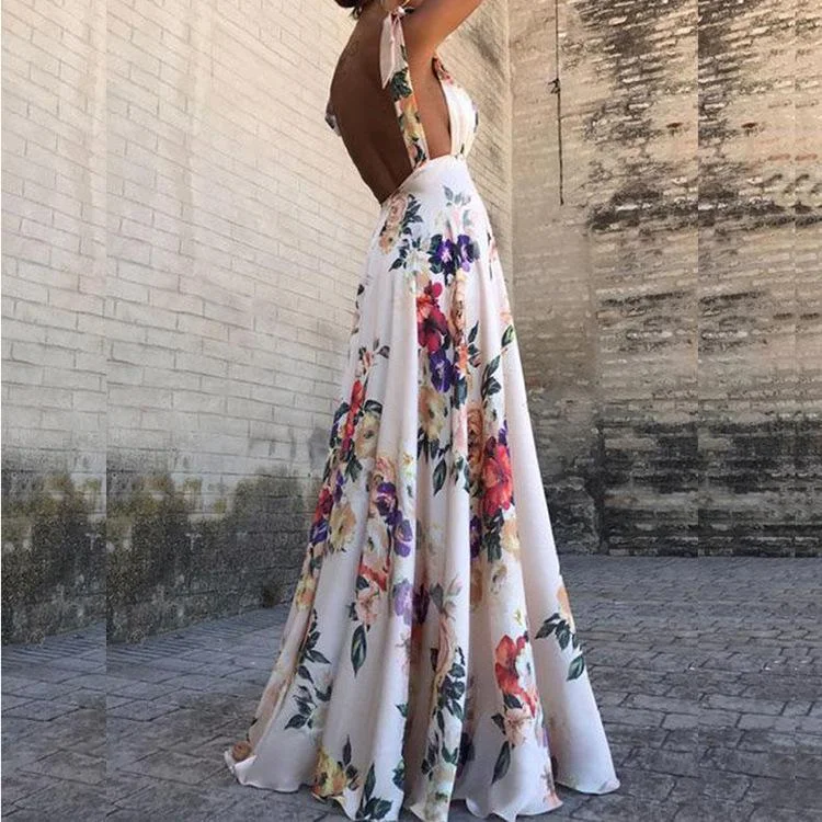 Sleeveless Sleeveless Sling Long Dress with Leaky Back Print