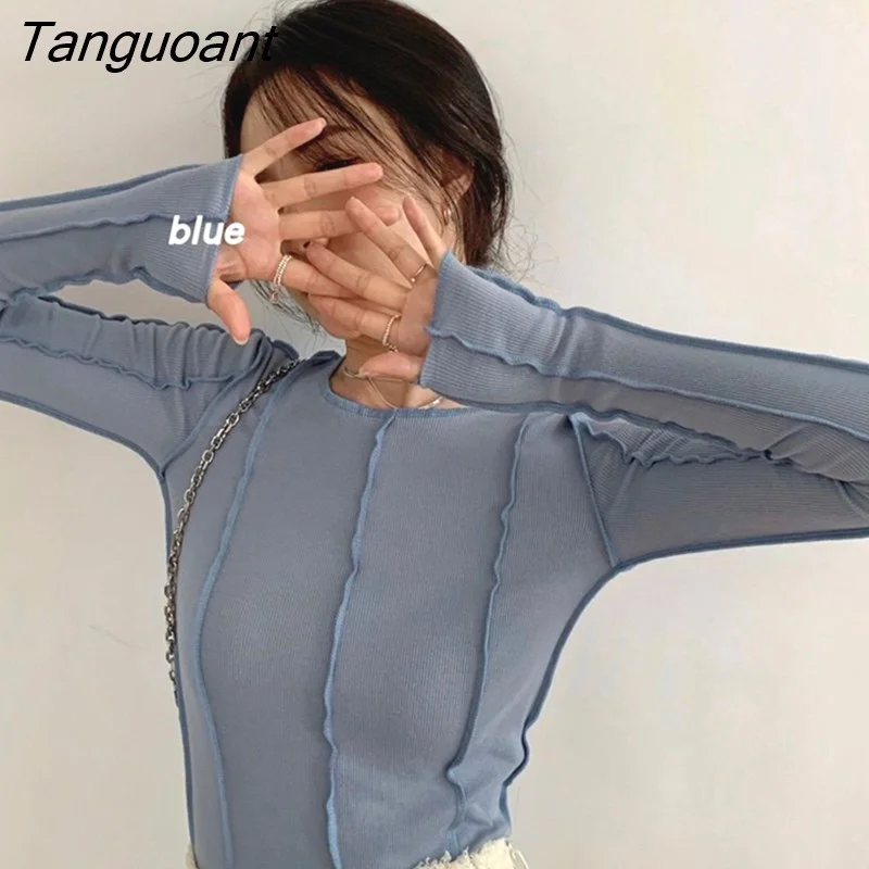 Tanguoant Sleeve T-shirts Women Spring Solid O-Neck Elegant Bright Line Decoration Slim Casual Soft High Quality Ladies Clothing Tees