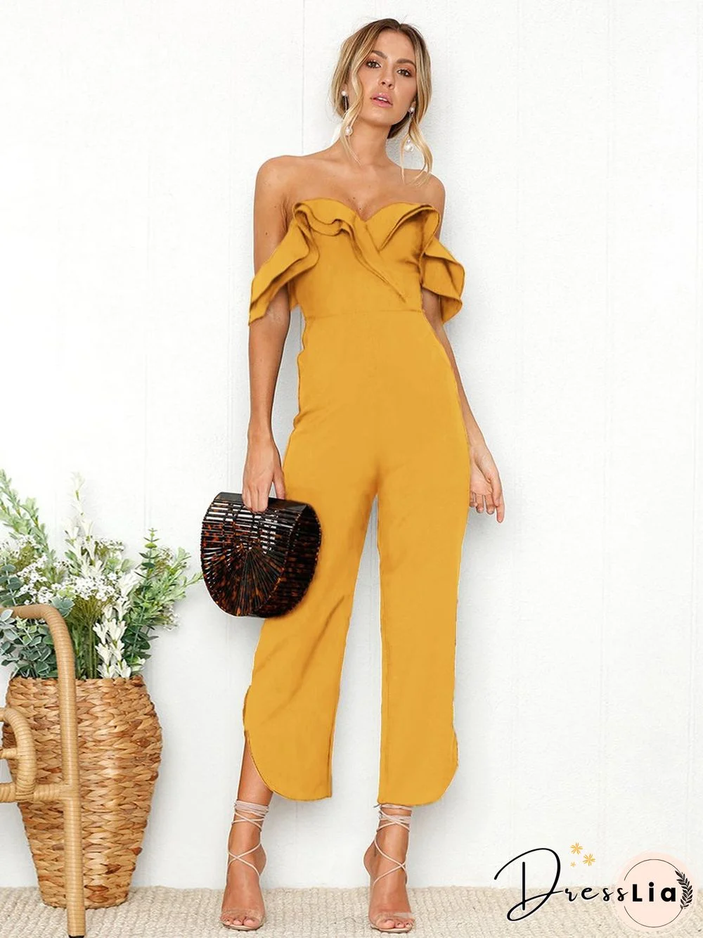 Black Sleeveless Plain Casual Off Shoulder Zip Back Jumpsuit
