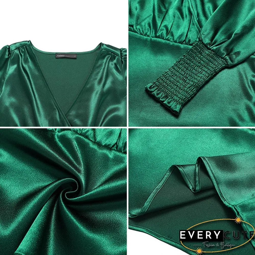 Womens Long-Sleeve Neck Blouse Spring/Autumn Elegant Casual Silk Shirt Ladies Pleated Tops