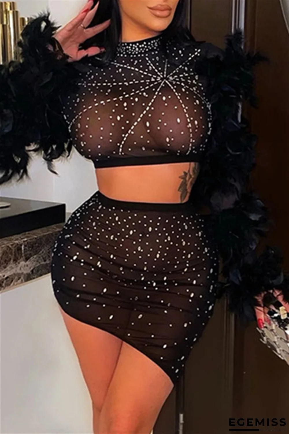 Black Sexy Patchwork Hot Drilling See-through Feathers O Neck Long Sleeve Two Pieces | EGEMISS