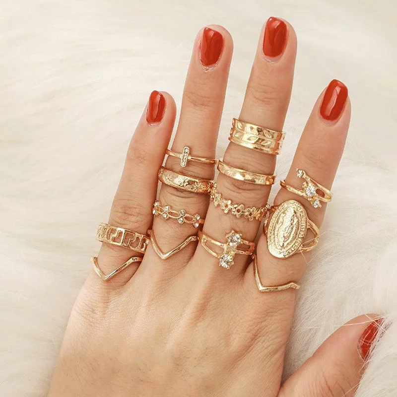 Women plus size clothing Round Piece Diamond Hollow 13-piece Joint Rings Set Wholesale Cheap Jewelry-Nordswear