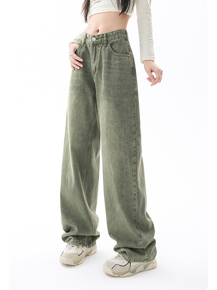 Newlytor fall hiking outfits for women Green Women Jeans High Waist Loose Straight Leg Femme Jean Fashion Y2k Casual Streetwear Female Pants Baggy Trouser
