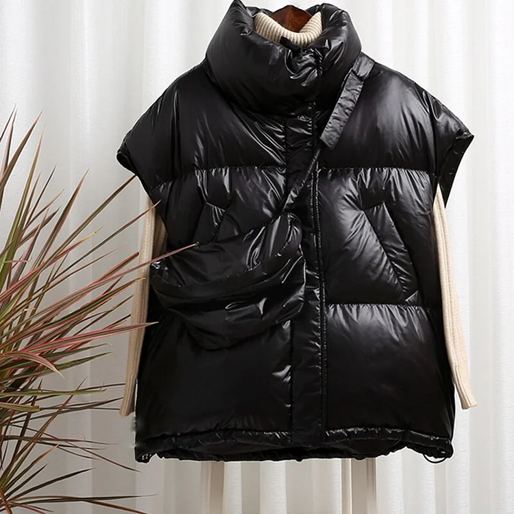 Casual Solid Color Duck Down Short Thick Warm Jacket Vest Waistcoat With Bag 
