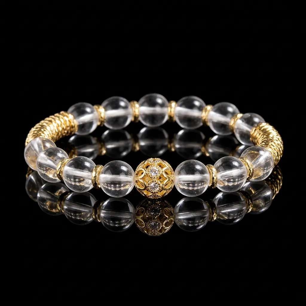JiStones Ethereal Glow &mdash; 8mm Natural White Crystal & Filigree Gold Beaded Bracelet Luminous Natural Clarity