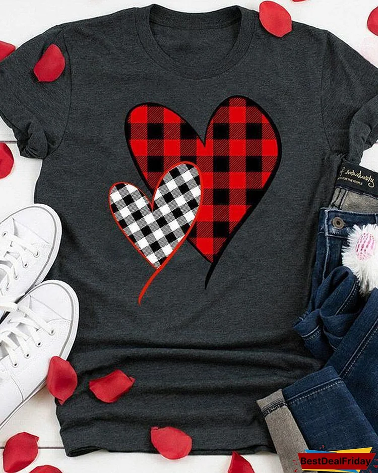 Valentine Plaid Splicing Heart O-Neck T-Shirt Tee