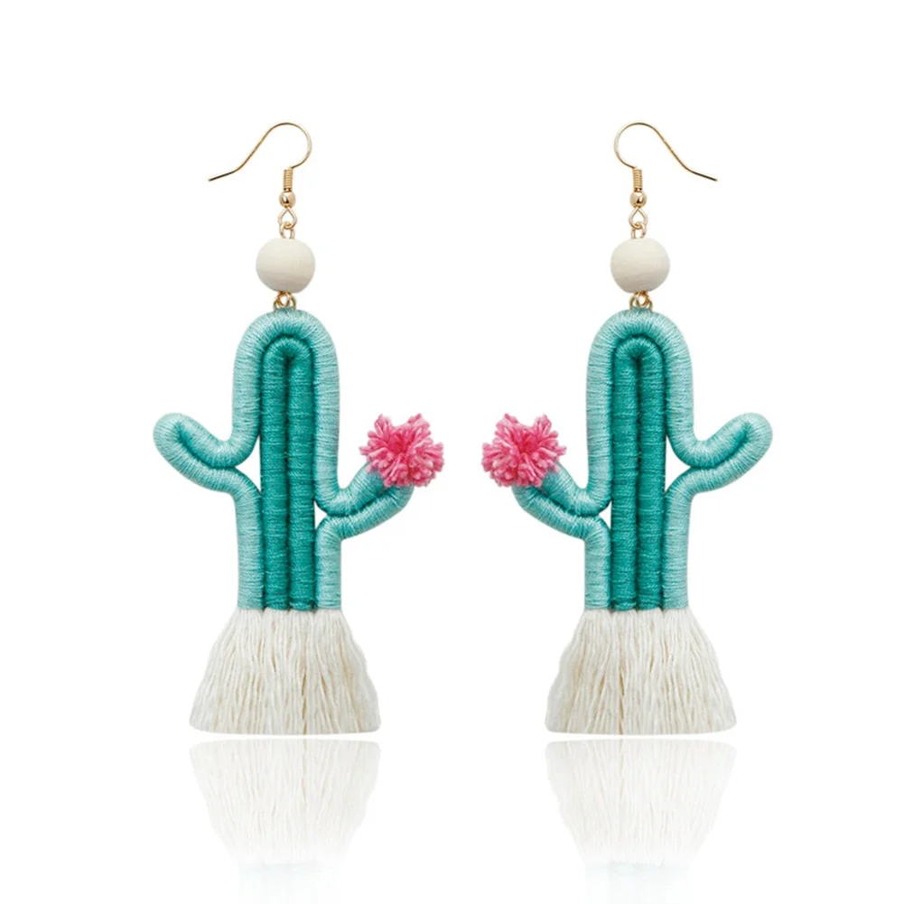 Dvacaman Cute Colorful Rhinestone Cactus Earrings for Women Boho Handmade Green Beaded Cactus Drop Dangle Earrings Jewelry Party