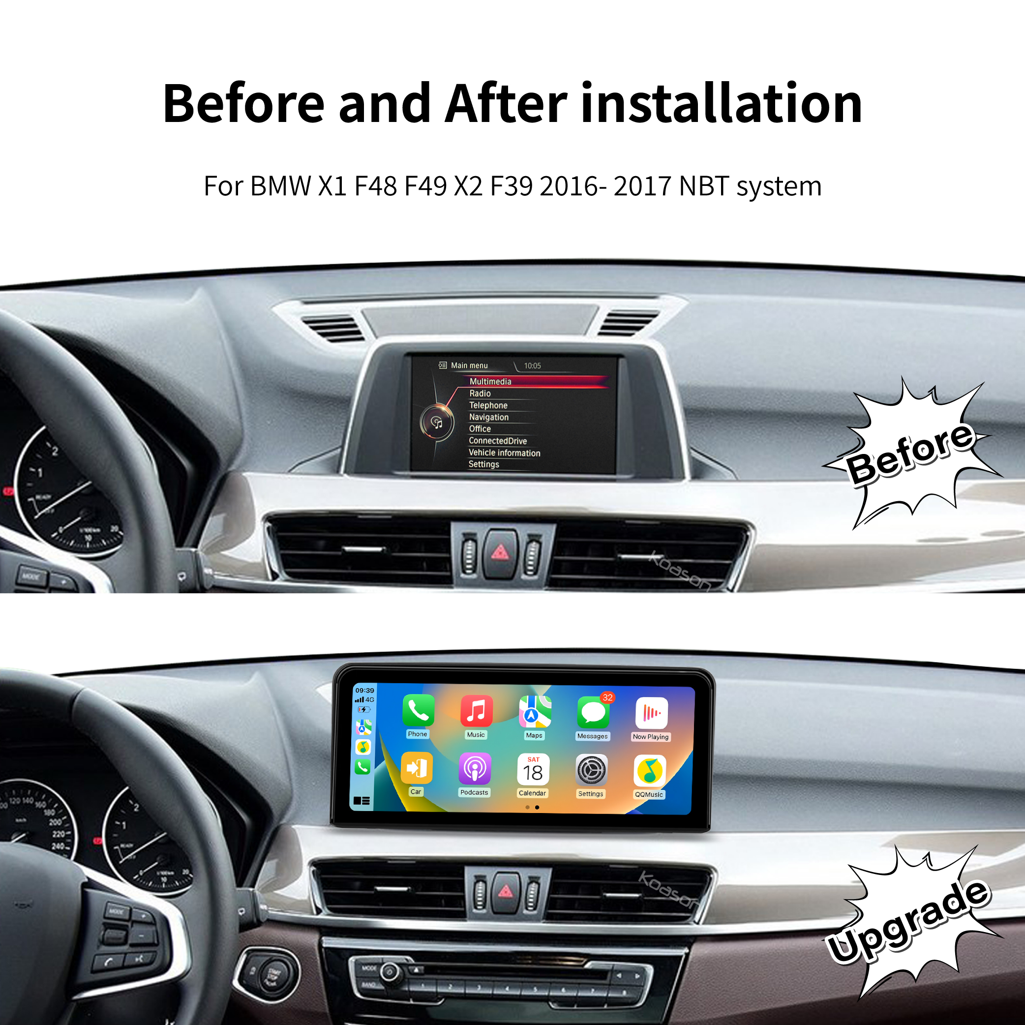 KOASON Linux Apple CarPlay Android Auto TouchScreen OEM Retrofit Upgrade Monitor for BMW X1 F48 F49 X2 F39
