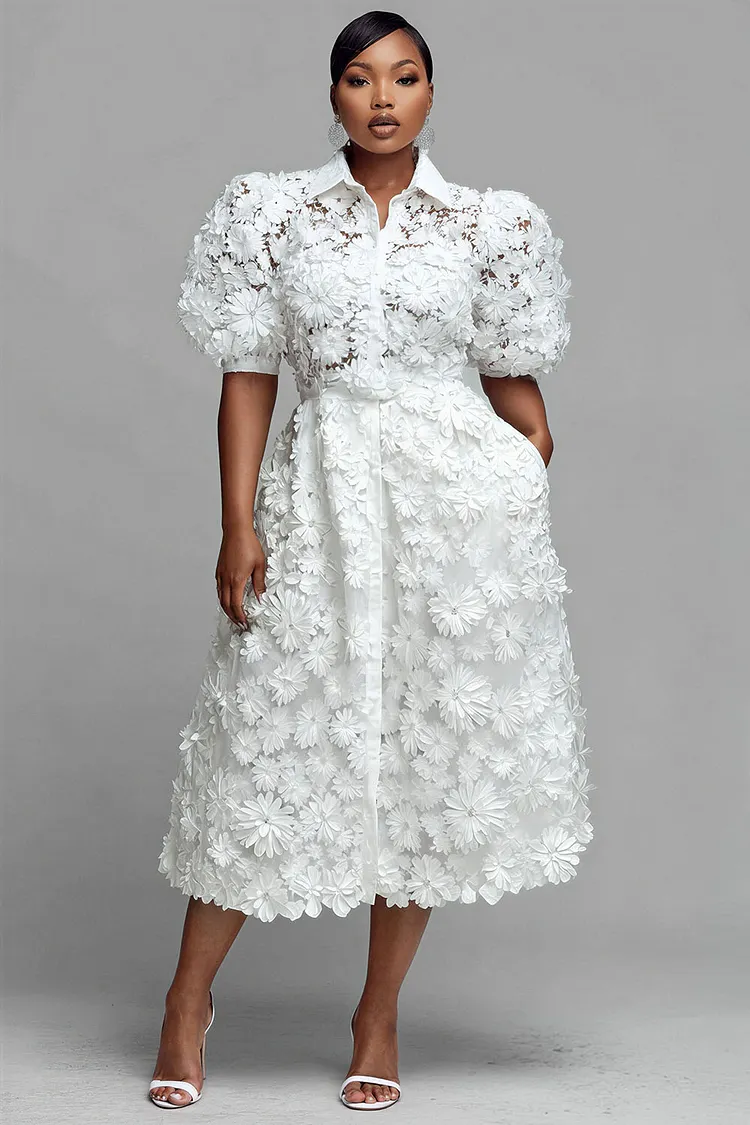 Xpluswear Design Plus Size Cocktail Party White Shirt Collar Puff Sleeve Half Sleeve Pocket Button Lace Midi Dresses [Pre-Order] 2024 - Xpluswear