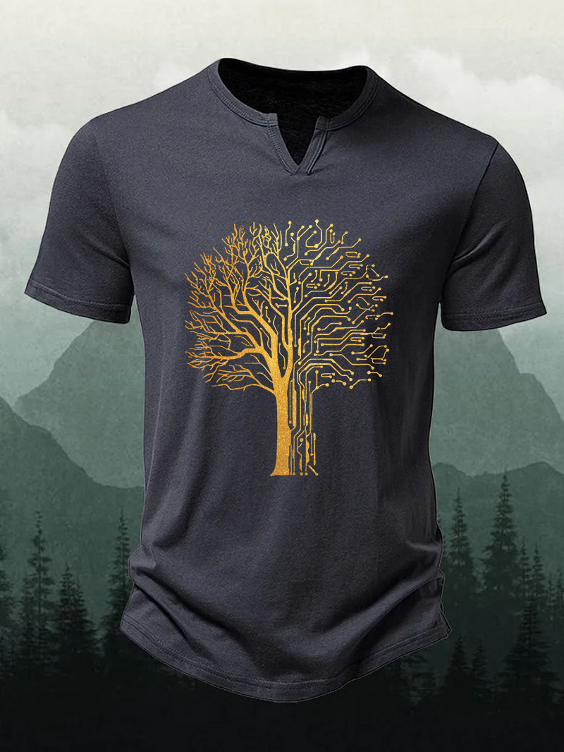 Men's Digital Tree Print V-neck Short-Sleeve Shirt